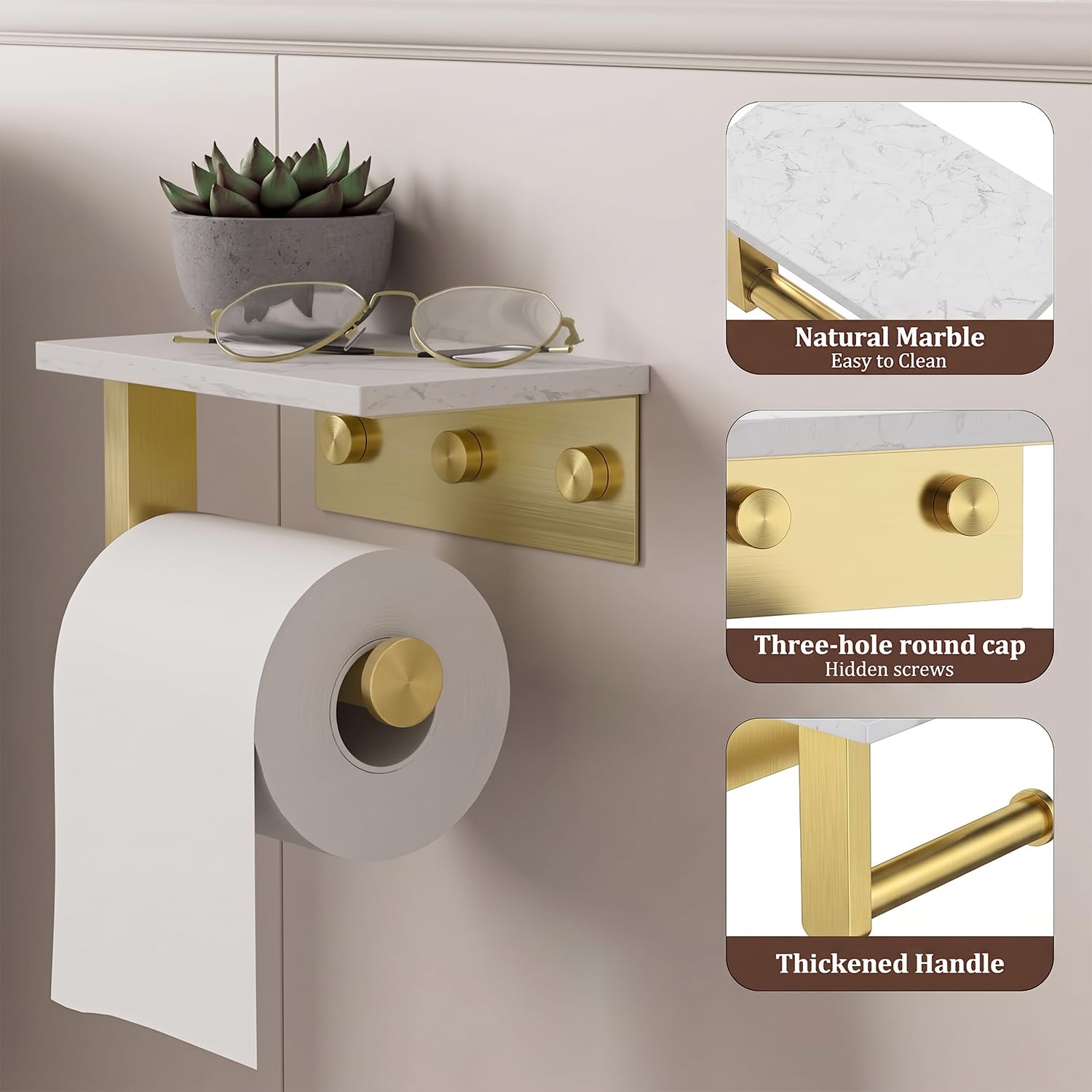 BWE Brushed Gold Toilet Paper Holder with Marble Shelf Wall Mounted — Amazon image 6