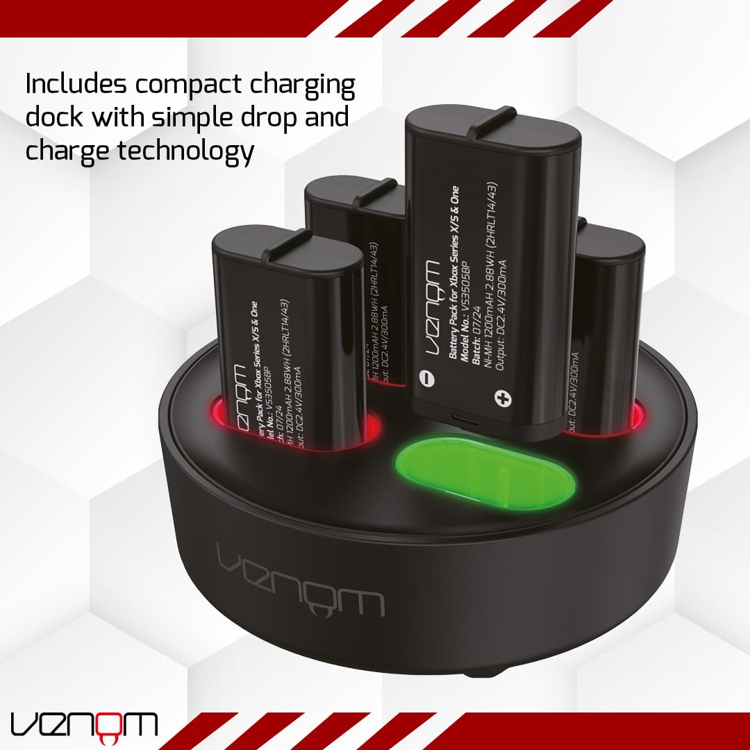 Venom Rechargeable Battery 4-Pack with Charging Dock - 2880mWh / 1200mAh for Xbox Series X & S/Xbox One