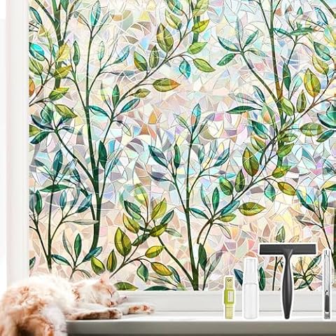 NINETREX Window Privacy Film Stained Glass Window Film 3D Decorative Window Cling,Sun Blocking Static Cling Removable Film for Glass Door,Home Decor Window Cover Non-Adhesive 17.5 x 78.7 inches,Leaf Cover