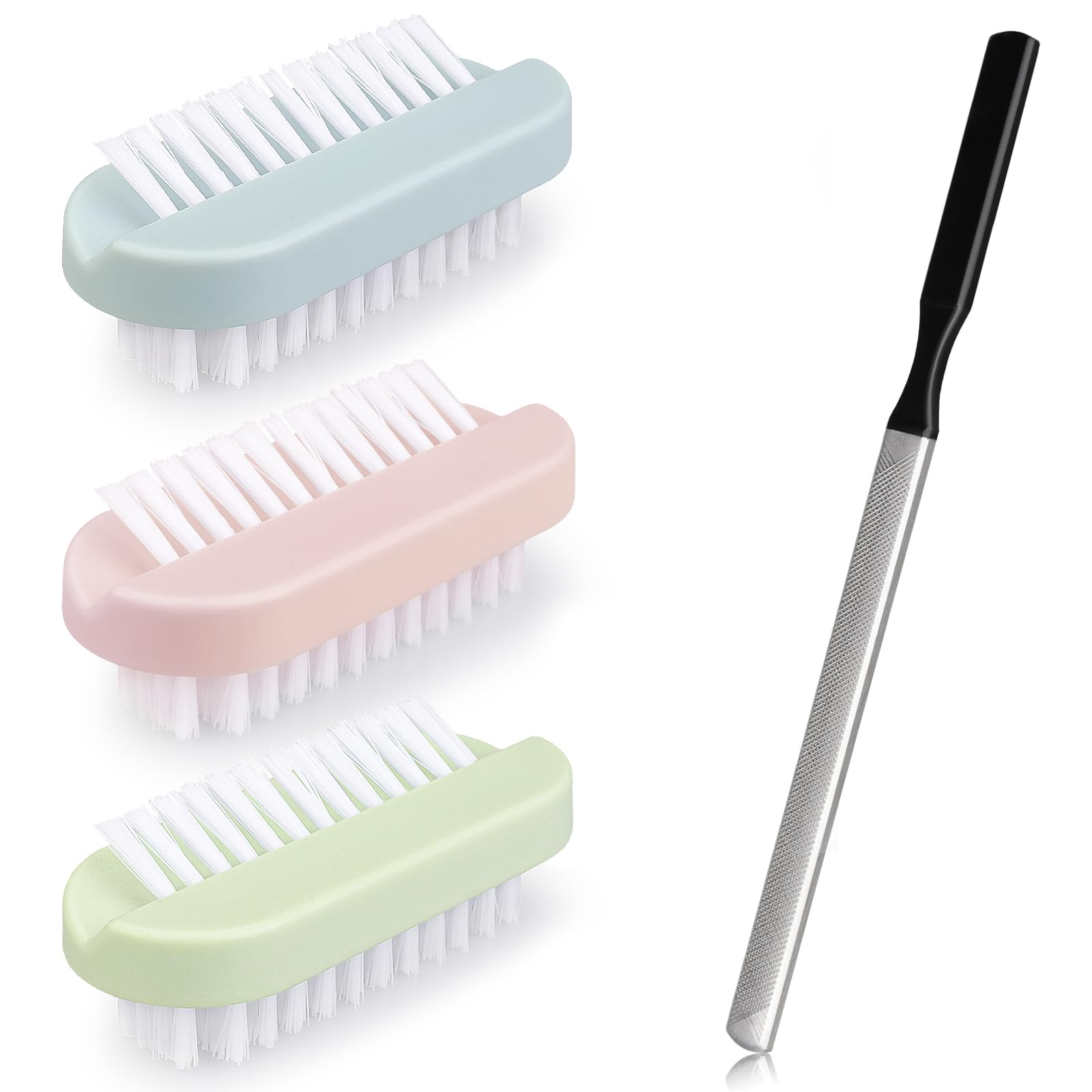 4PCS Nail Brush Long Toe Nail File Set - 3Pcs Two Sided Nail Scrubber Brushes for Cleaning Fingernails and 1Pcs Stainless Steel Long Toe Nail File for