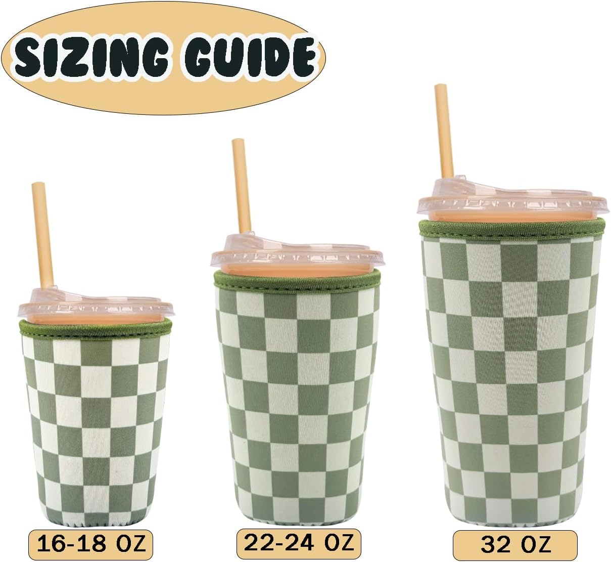 Reusable Insulated Neoprene Iced Coffee Cup Sleeve, Durable Drink Sleeve for Cold Beverages, Beverage Holder for Iced Coffee (Olive Checkers)