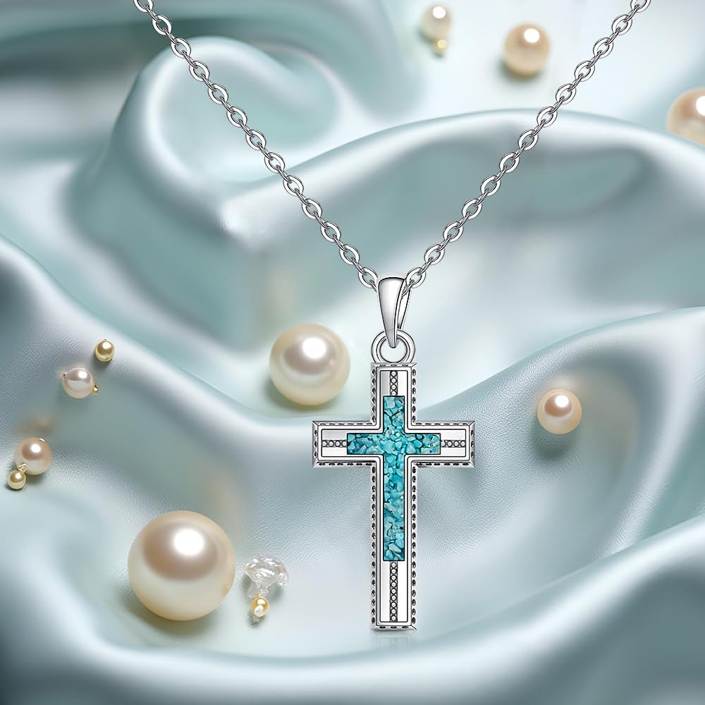 Turquoise Cross Necklace for Women 925 Sterling Silver Cross Pendant Turquoise Jewelry for Women Men Mom Friendship Birthday Anniversary