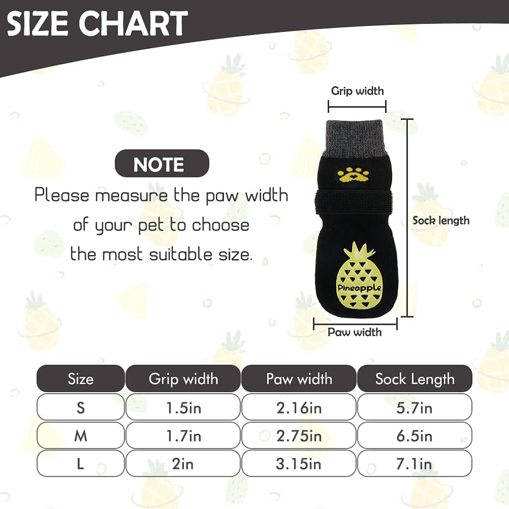 KOOLTAIL 2 Pairs Double Side Anti-Slip Dog Socks with Adjustable Straps - Fruit Pattern Soft Knit Dog Socks with Grip Dog Paw Protector Traction Control on Hardwood Floor Dog Boots, Black, Medium