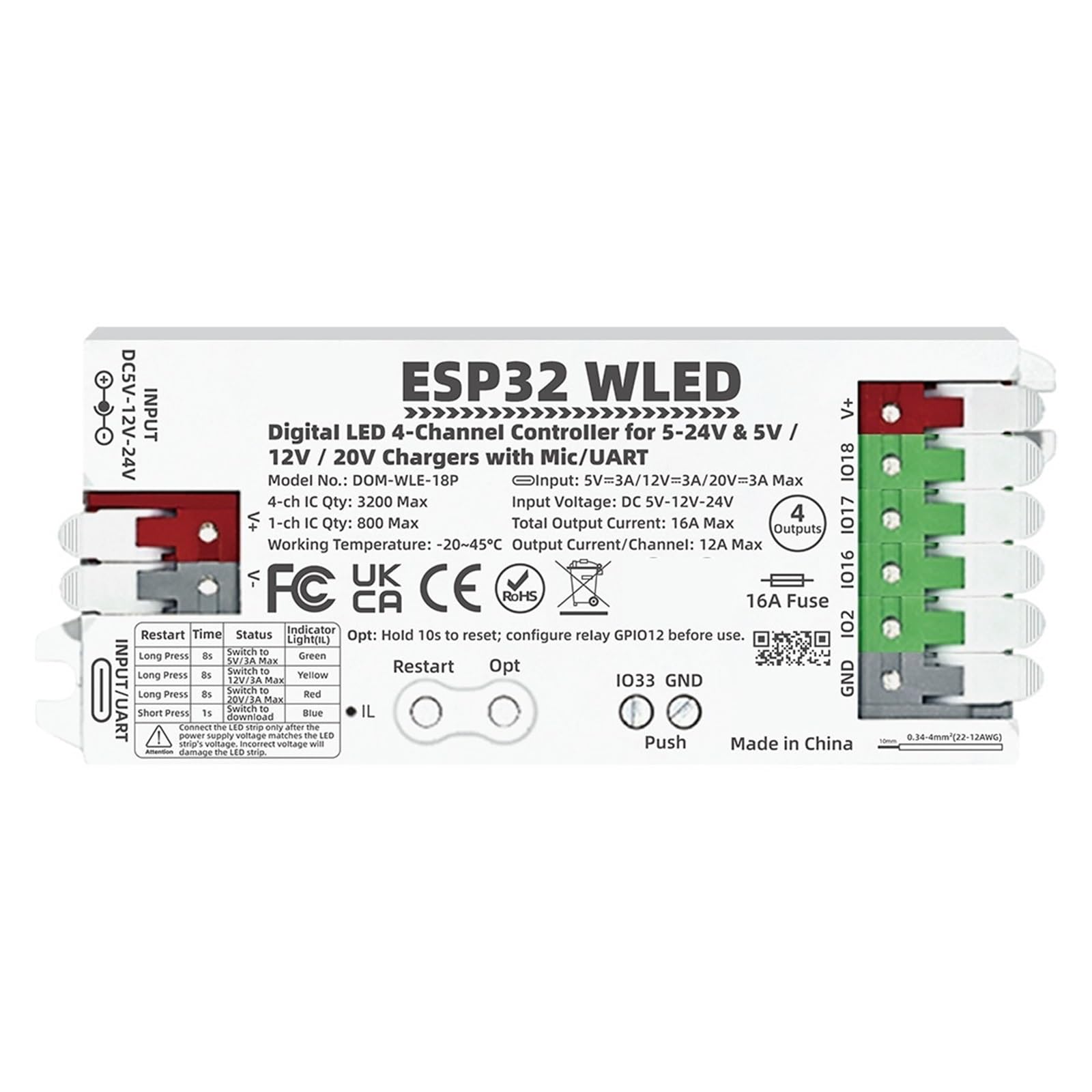 Controlador LED RGB digital WLED ESP32 de 4 canales para tiras de luz y atenuación