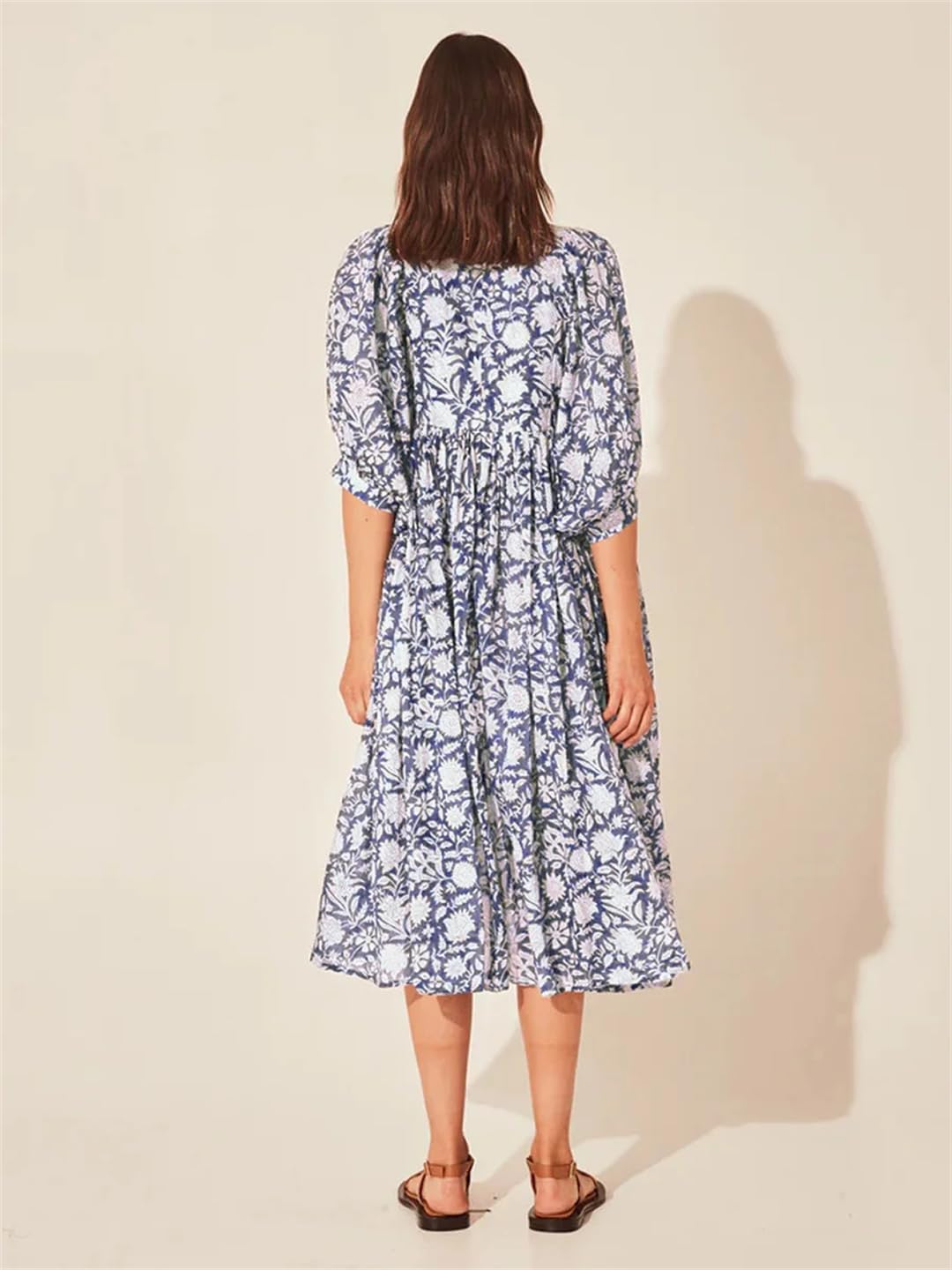 Hdhdeueh Vestido casual de gran tamaño para mujer, estampado de vacaciones, cuello en V, media manga, holgado, vestido midi bohemio