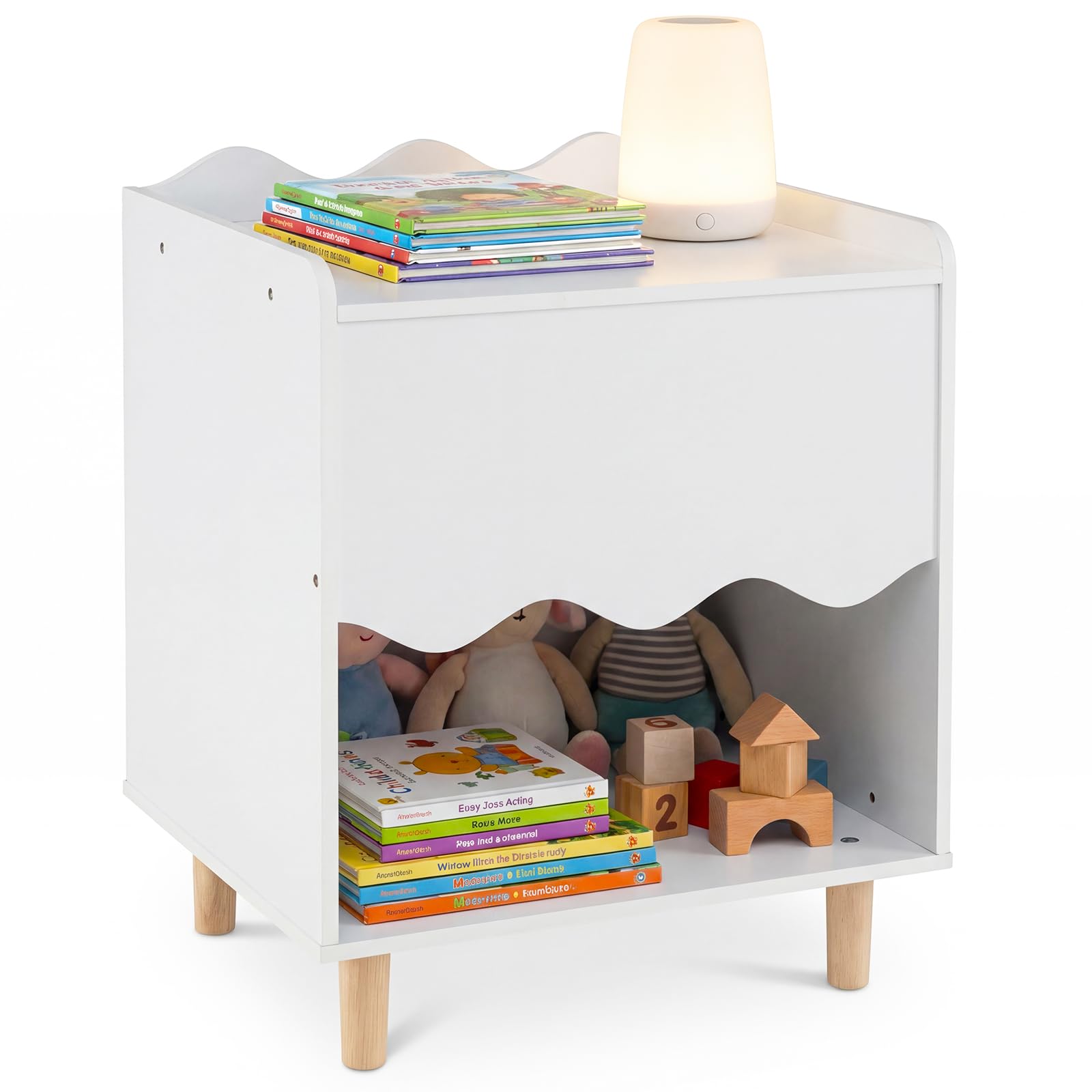 Costzon Nightstand, Kids Scalloped Side Table with Wide Top