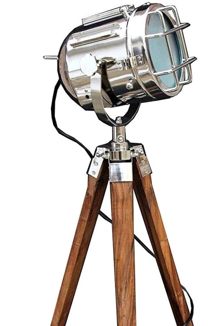 Lampada Da Terra Vintage Marine Nautica - Treppiede In Legno Con Faretto In Alluminio, Altezza 114 Cm, Marrone