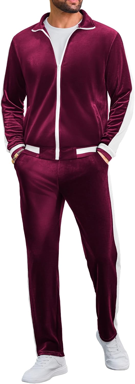 Vssjavun Men's 2 Piece Tracksuit Velour Track Suits Casual Sweatsuits Full Zip Velvet Jogging Suit Sets