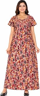 Women's Cotton Nighty, Red Floral Print, Short Sleeve, Full Length Maxi Nightgown Price In India