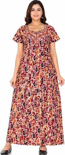 Women's Cotton Nighty, Red Floral Print, Short Sleeve, Full Length Maxi Nightgown