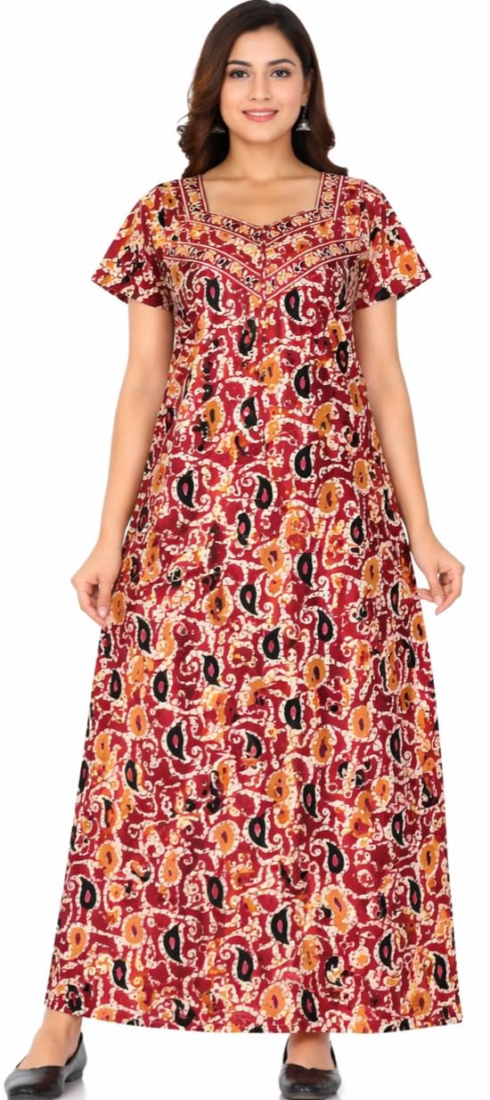 Women's Cotton Nighty, Red Floral Print, Short Sleeve, Full Length Maxi Nightgown