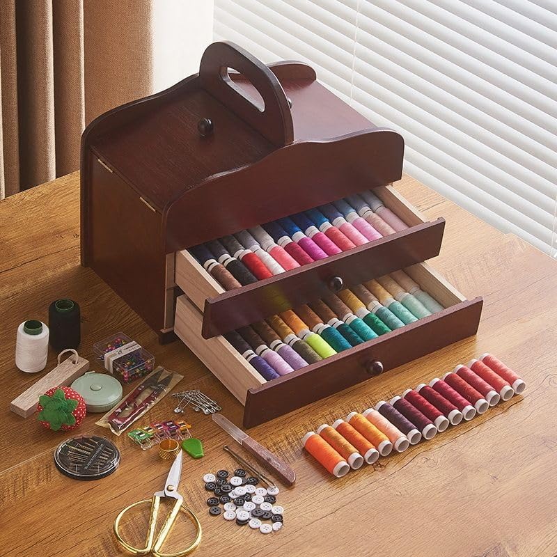 Costurero de Madera con Compartimentos, 30 x 18 x 17,5 cm, portátil, con Acabado de Madera, Ideal para organizar Manualidades y sastrería.