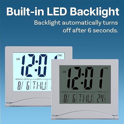 Miniatura 2 de MMOBIEL Reloj digital LCD alarma de viaje plegable con retroiluminación - Reloj digital con indicación de día, fecha y temperatura - Reloj