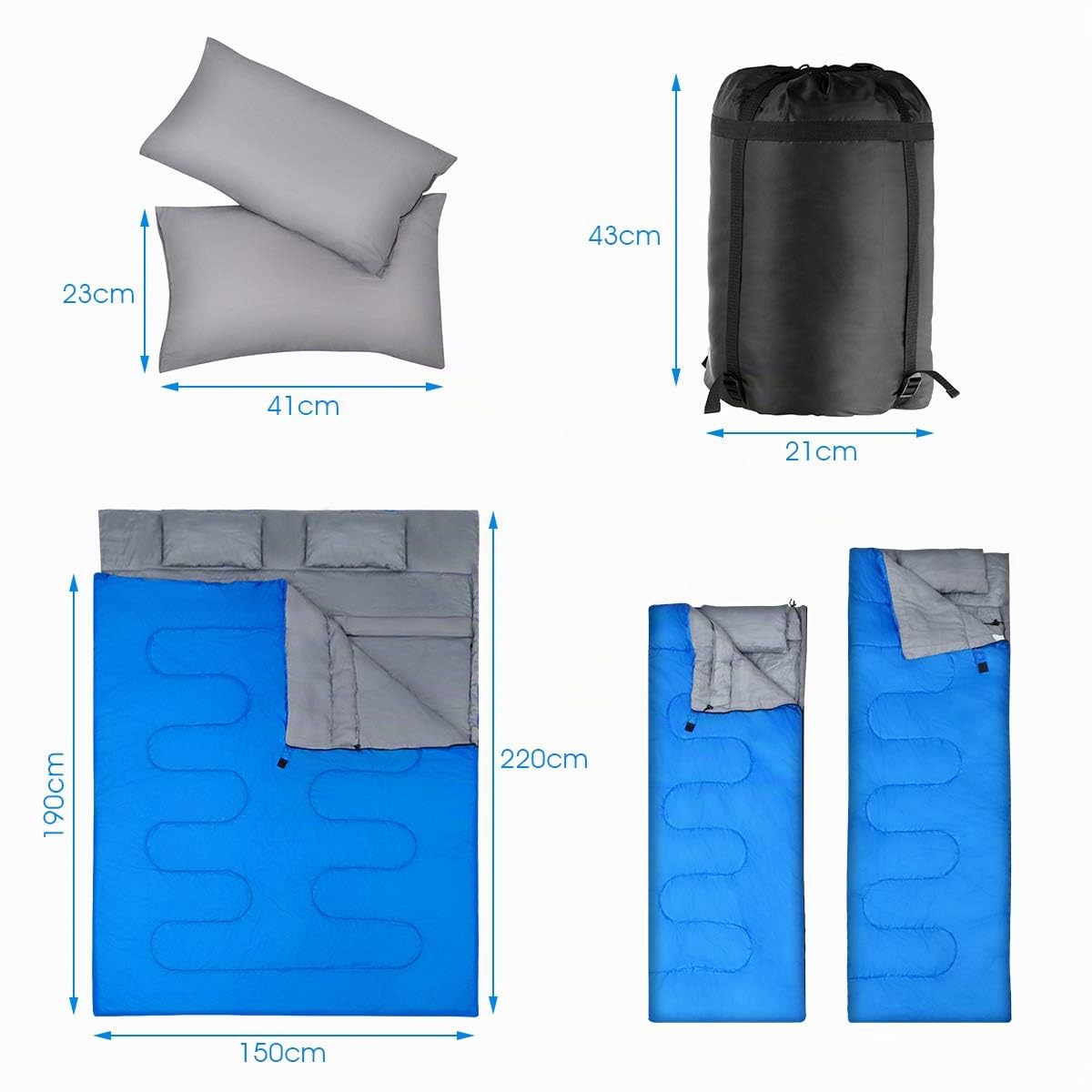 GYMAX Sac de Couchage Adulte pour 2 Personnes avec Oreillers | Imperméable et Léger pour Camping et Randonnée, 3 Saisons, Rectangulaire Spliceable, Fermetures Éclairs, 220 x 150 cm