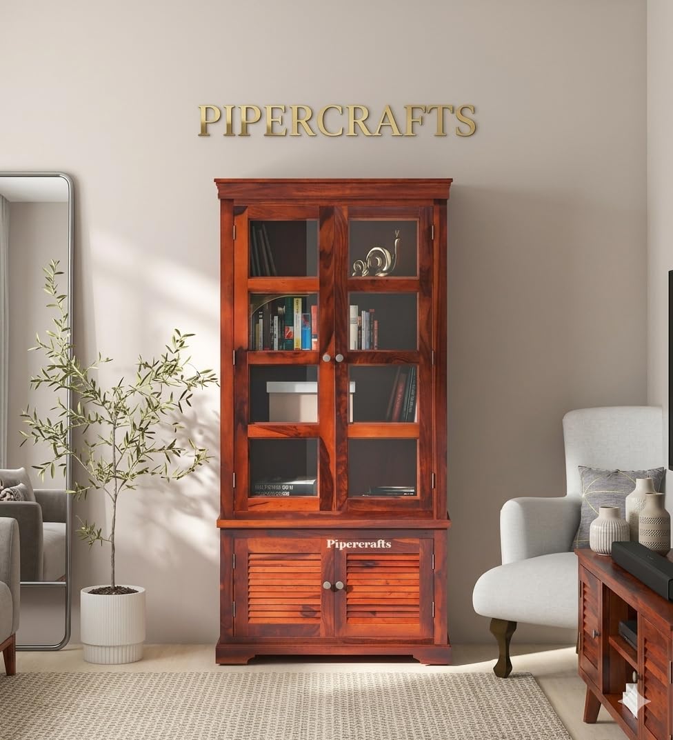 PIPERCRAFTS Wooden Dining Room Storage Cabinet with Glass Door for Living Room Home & Kitchen | Cabinet Storage for Living Room Kitchen Cabinet/Book Self (Honey Finish)-image-38