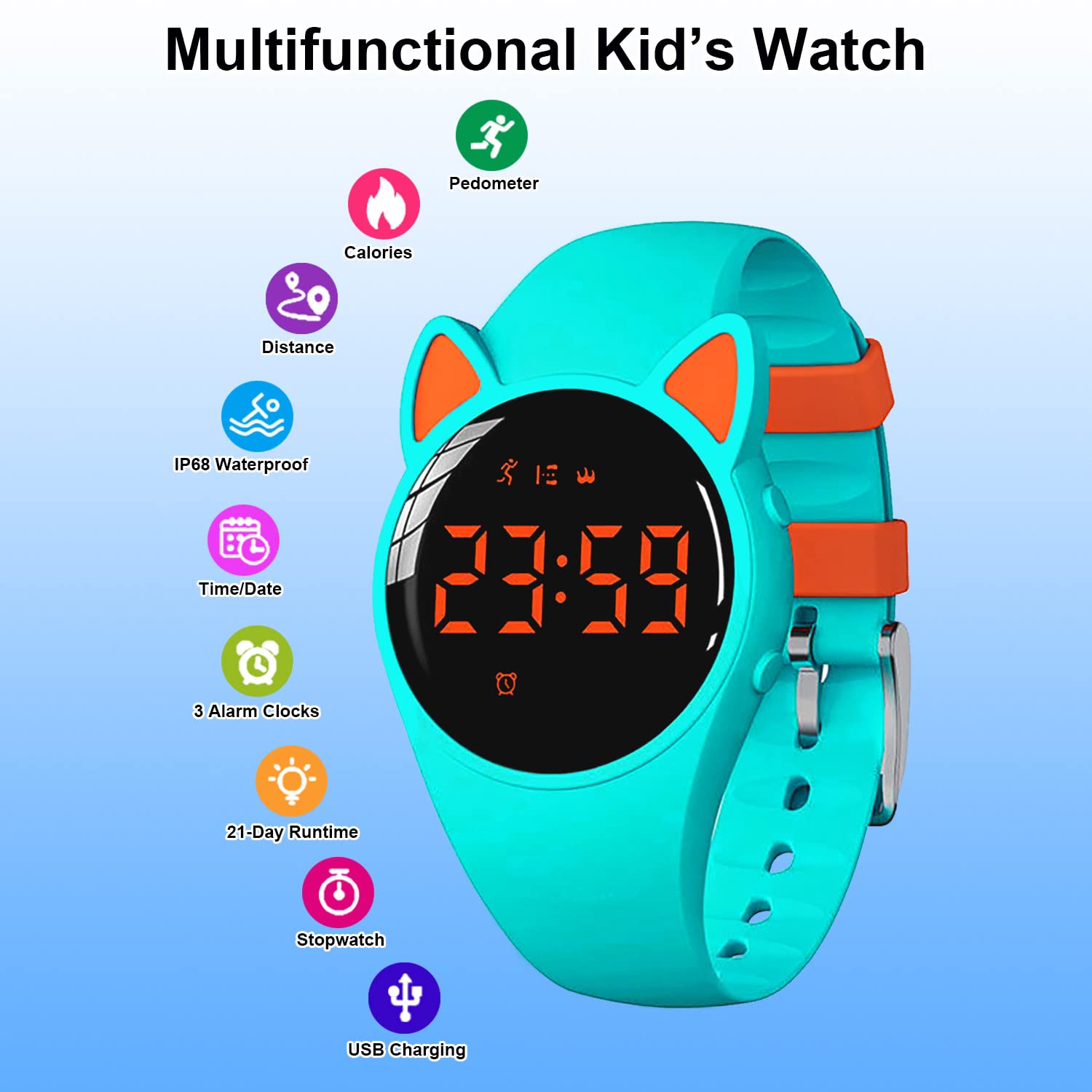 Orologio Pedometro per bambini Tracker Fitness senza App, IP68 impermeabile orologio per ragazze ragazzi, orologio da polso carino con contatore passo, contatore calorie/distanza, cronometro 3 sveglie