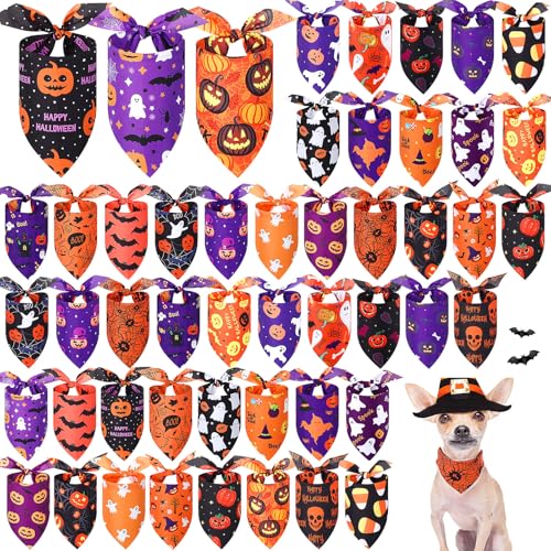 Image of Abbylike 50 Pcs Halloween Dog Bandanas Bulk, Pumpkin Ghost Bat Skull