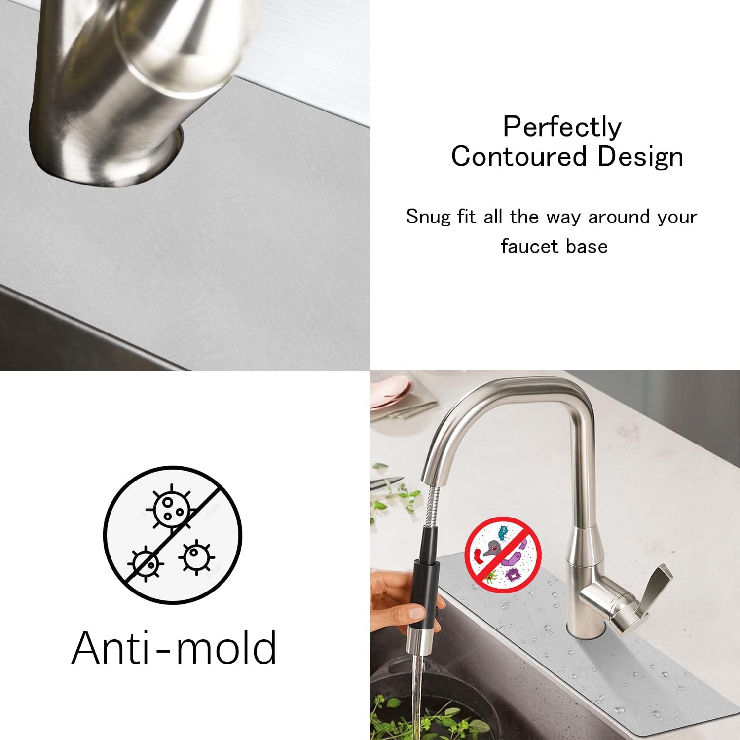 2PCS Faucet Absorbent Mat for Kitchen Sink,Non-Slip Water Splash Guard Behind Faucet Catcher,Sink Faucet Pad, Washable Backsplash Guard,Bathroom,Farmhouse&RV,15"x5.4",Cuttable(Grey)