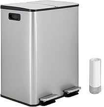 2 x 30 L (60 L) Double Container, Stainless Steel Anti-Fingerprint, with Soft Close Lid and Pedal, Includes 20 Waste Bags