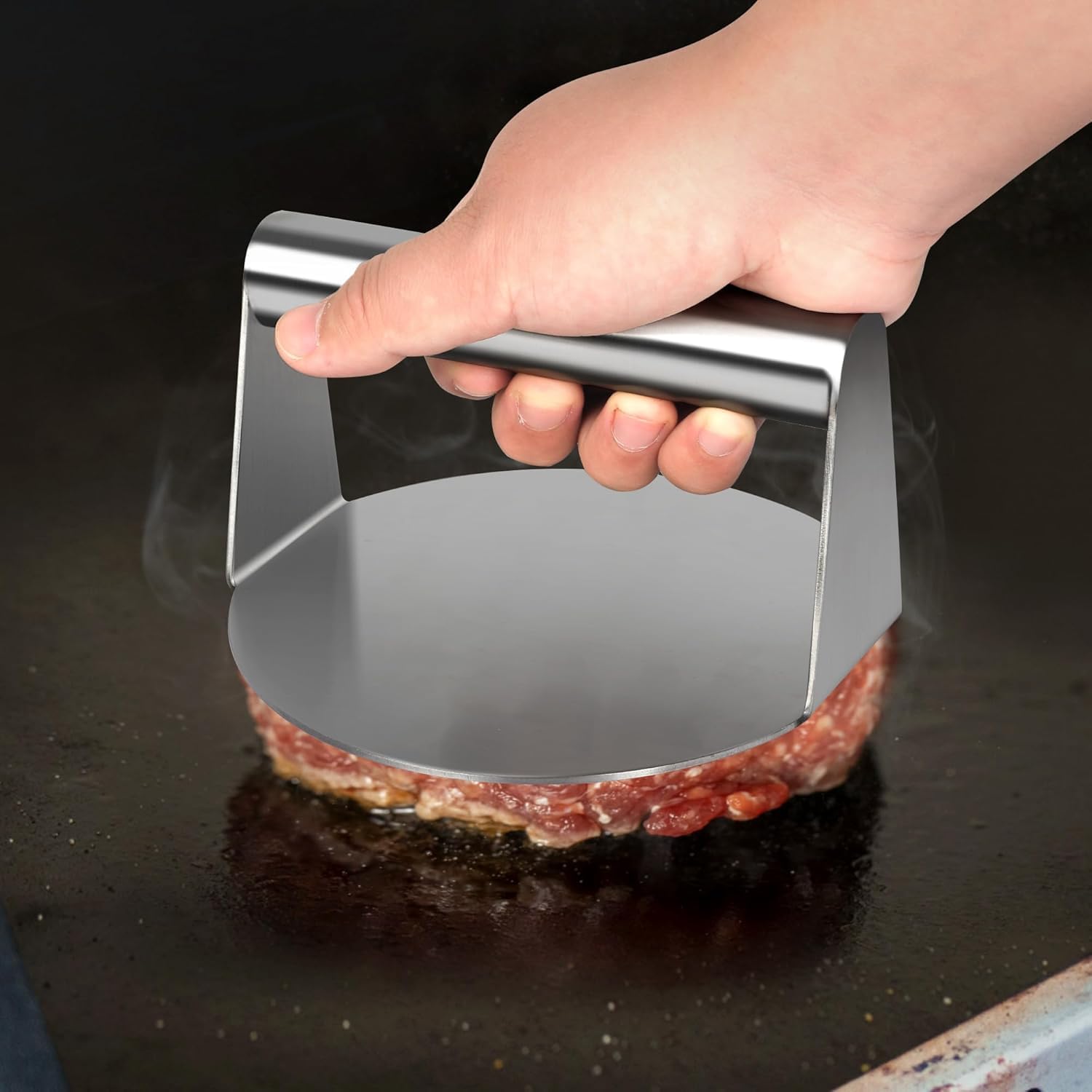 Burger Set, inkl. 2 Edelstahl Burgerglocken, Burgerpresse, Smasher, Pattywender, Komplettes Burger Grill Set für BBQ Plancha, Grillplatte, Gasgrill & Feuerplatte