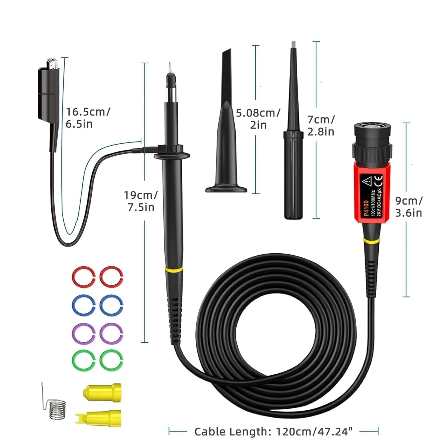 P4100 High Voltage Oscilloscope Probe 100:1 2KV 100MHz 100X Safety BNC Connector for Oscilloscope Adjustable attenuation