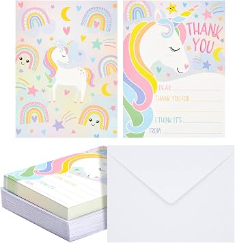 Kids Thank You Cards Unicorn Fill-In-the-Blank - 5.5 x 4.25 in Pink & Violet Cardstock, 36-Pack & Envelopes - Unicorn Birthday Thank You Cards with Prompts
