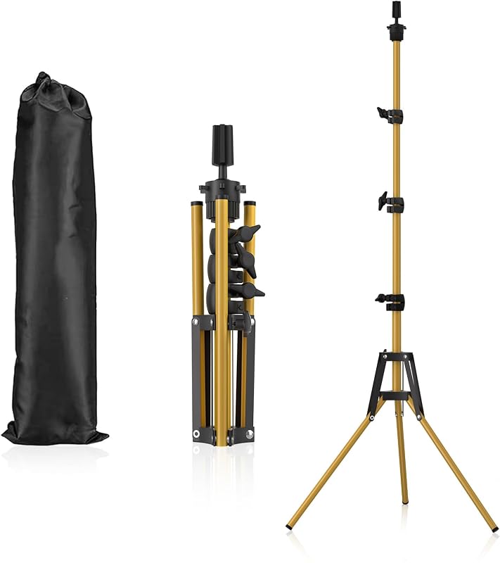 Soporte de cabeza de maniquí reforzado, soporte para peluca ajustable para peluquería | Trípode para peluca, soporte de suelo ajustable, soporte para maniquí para entrenamiento de peluquería en cosmetología (metal dorado)