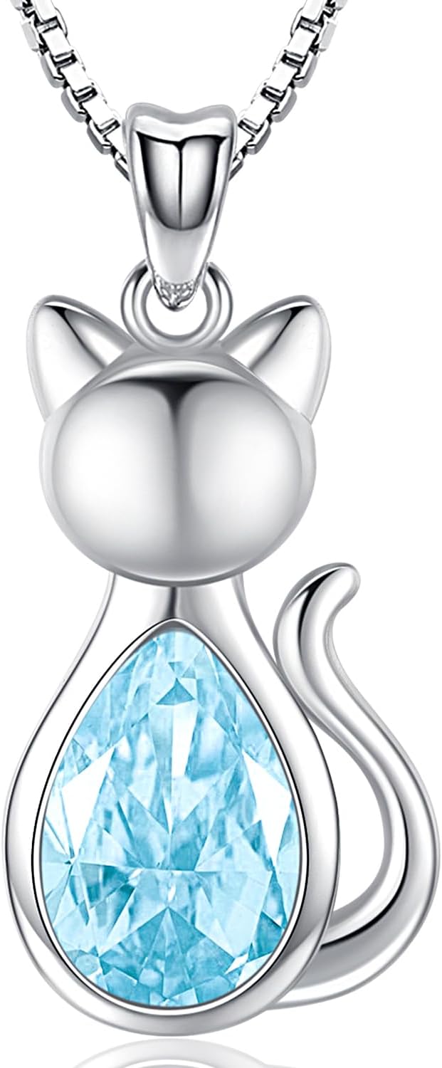 Odinstone Cat Birthstone Necklaces Jewelry Sterling Silver Cat Pendant Necklace Gift for Women Gifts, 18'' Silver Box Chain Women's Birthstone Crystal Cat Jewelry Gifts