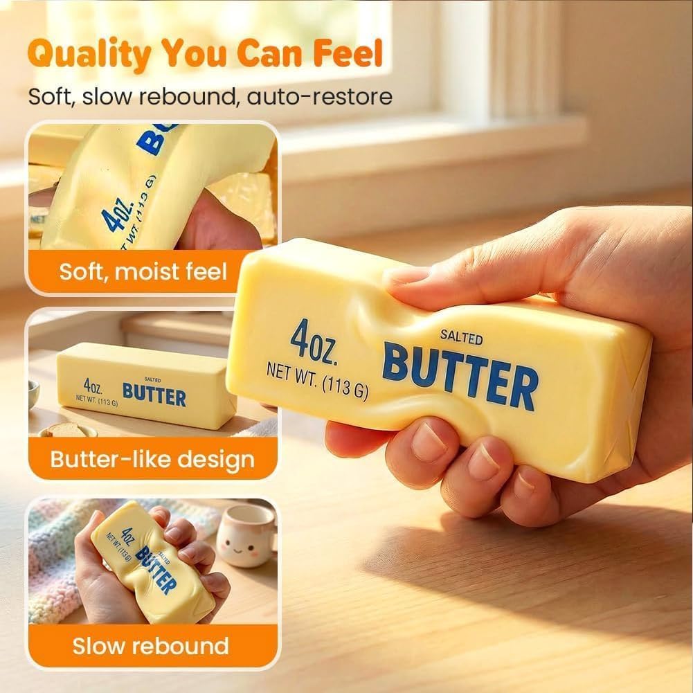 Butter Squishy, Slow Rebound Cute Butter Squeeze Stress Balls, Realistic Butter Stick Soft Squishy Slow Rise Squishies Stress Relief Fidget Gift for Adults, Party Favor & Desk Gadget (1pcs)