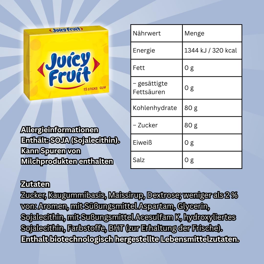 Juicy Fruit Original Kaugummi – 37,5 g – Süß-fruchtiger Klassiker für Frischen Atem & Langanhaltenden Genuss +Heartglobal Versandschutz