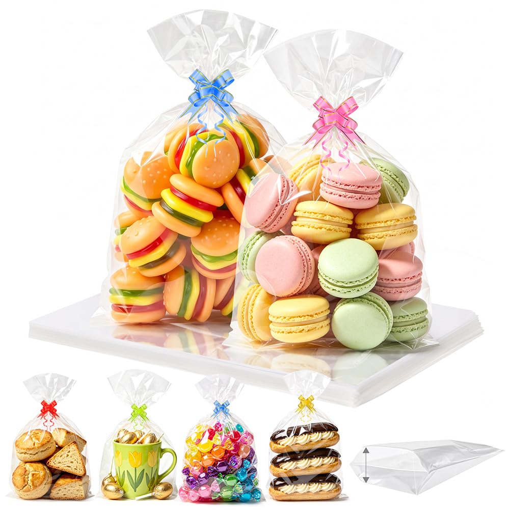 AOOWU 100PCS Cellophane Bags with Pull Bows, 6" X 9" Clear Food Safe Sweet Bags, Flat Bottom Clear Sweet Bags, Sweet Party Gift Bags, Resealable Cello Bags for Candy, Cookies, Clear Gift Bags