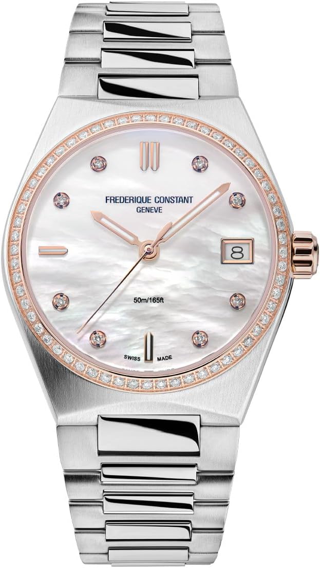 Frederique Constant Ladies Highlife Quartz, 31mm Rose Gold & Stainless Steel Case with 68 Diamonds and a Mother-of-Pearl Dial (Style: FC-240MPWD2NHD2B-SS)