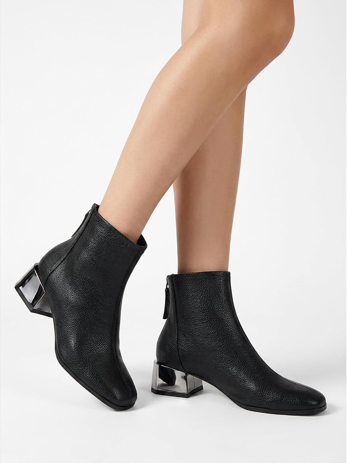Womens Lambskin Insole Square Toe Ankle Boots Back Zip Plated Heel image 2