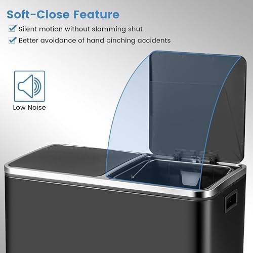 Miniatura 5 de Goplus Cubo de basura doble, 60 litros (2 x 30 L)16 galones de acero inoxidable, cubo de basura rectangular con cubos interiores y tapas con