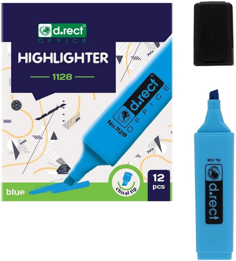 D.RECT 1128 Chisel Tip Highlighters Blue Pack of 12