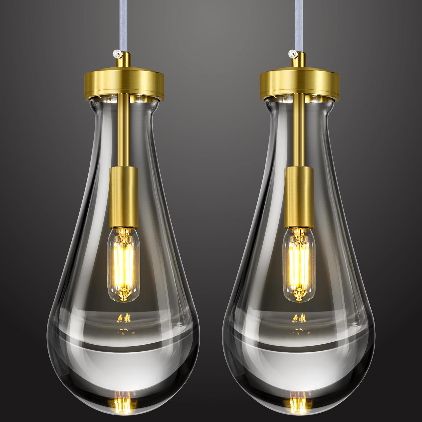 LIANGMH Raindrop Pendant Lights Kitchen Island Set of 2 Teardrop Gold Hanging Light Fixtures Clear Solid Glass Pendant Light Modern Chandeliers for