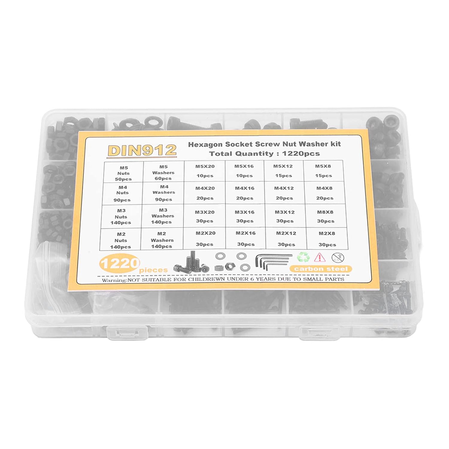 1220Pcs Hex Socket Screw Nut Washer Kit Assortment Cap Head Carbon Steel M2 M3 M4 M5 Black Nut Bolt Assortment Set