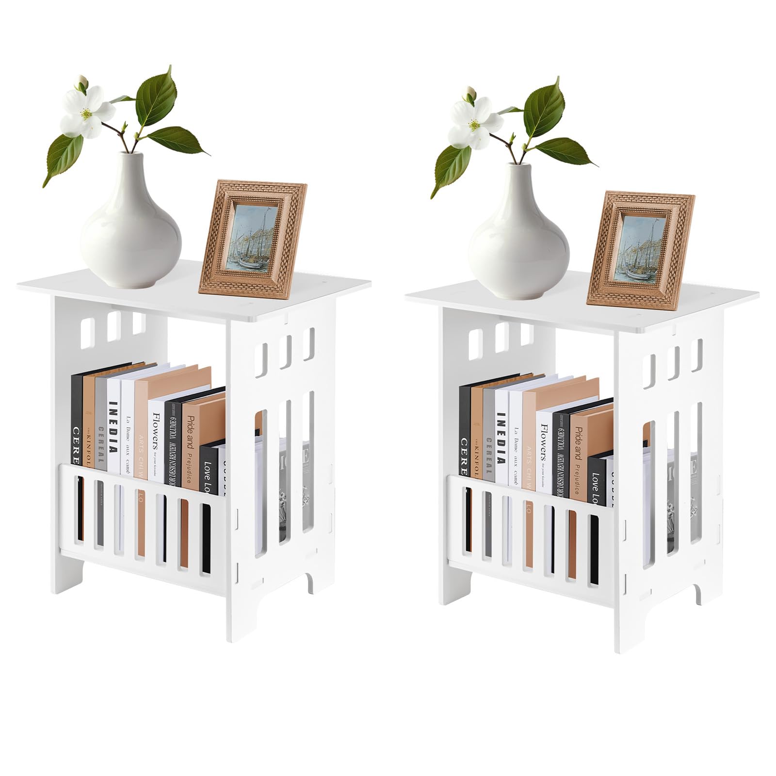 CROWNSHOP Small Side Table Set of 2 Side End Coffee Table Beside lamp Stand Nightstand Storage Shelf for Living Room Bedroom Bathroom Office Hallway White