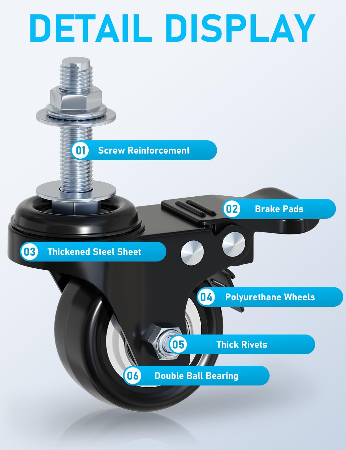 2" Swivel Caster Wheels Set of 4,Heavy Duty 440lbs Capacity No Noise,M10x10 Screws,2 Pack Locking with Brake