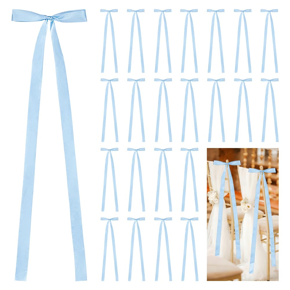 UNICRAFTALE 30sets Light Blue Polyester Bowknot Chair Straps Mini Fabric Satin Ribbon Elegant Ceremony Ribbons Large Wedding Ribbon Bows with Long Tails for Sewing Wedding Birthday Party 90x25cm