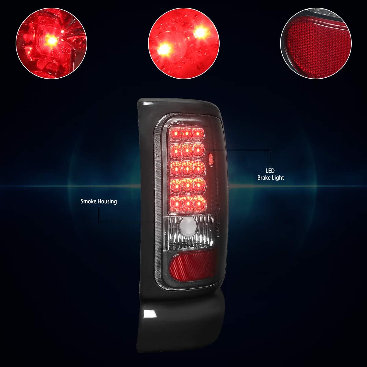 PM PERFORMOTOR Full LED Tail Lights Brake Lamps Assembly Compatible with 94-02 Dodge Ram,Chrome Housing