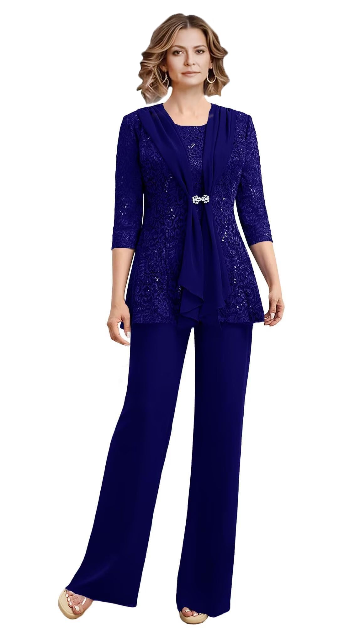 3 Piece Mother of The Bride Pant Suits Chiffon Applique Grandmother of The Bride Pantsuits for Wedding with