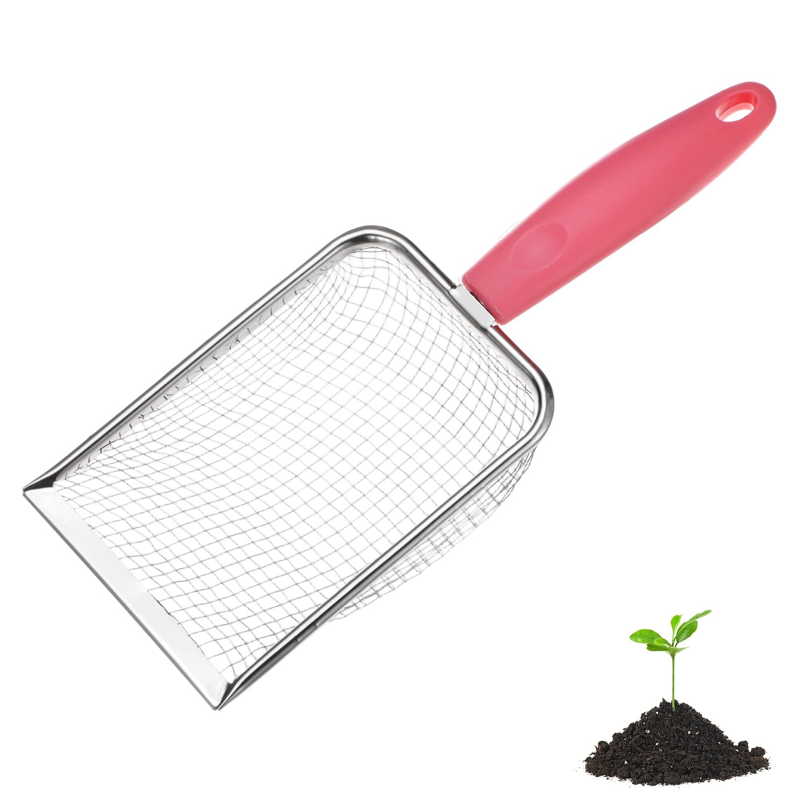 M METERXITY 1-Pack Gardening Soil Sifter, 4.3 mm Mesh Stainless Steel Portable Gardening Sifter with Plastic Handle for Sand/Dirt/Rock Compost [White, Pink]