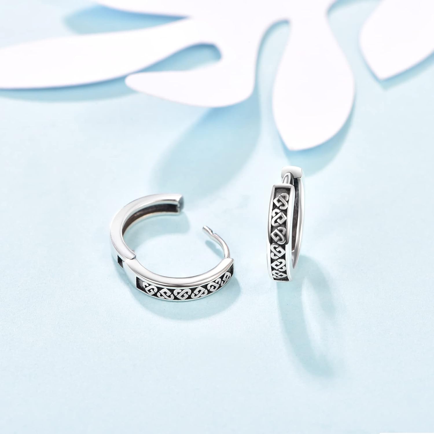 KINGWHYTE 925 Sterling Silver Celtic Knot Earrings for Men Celtic Hoop Earrings Small Huggie for Women, Good Luck Jewelry Black Earrings Sleeper Earrings Halloween Gifts