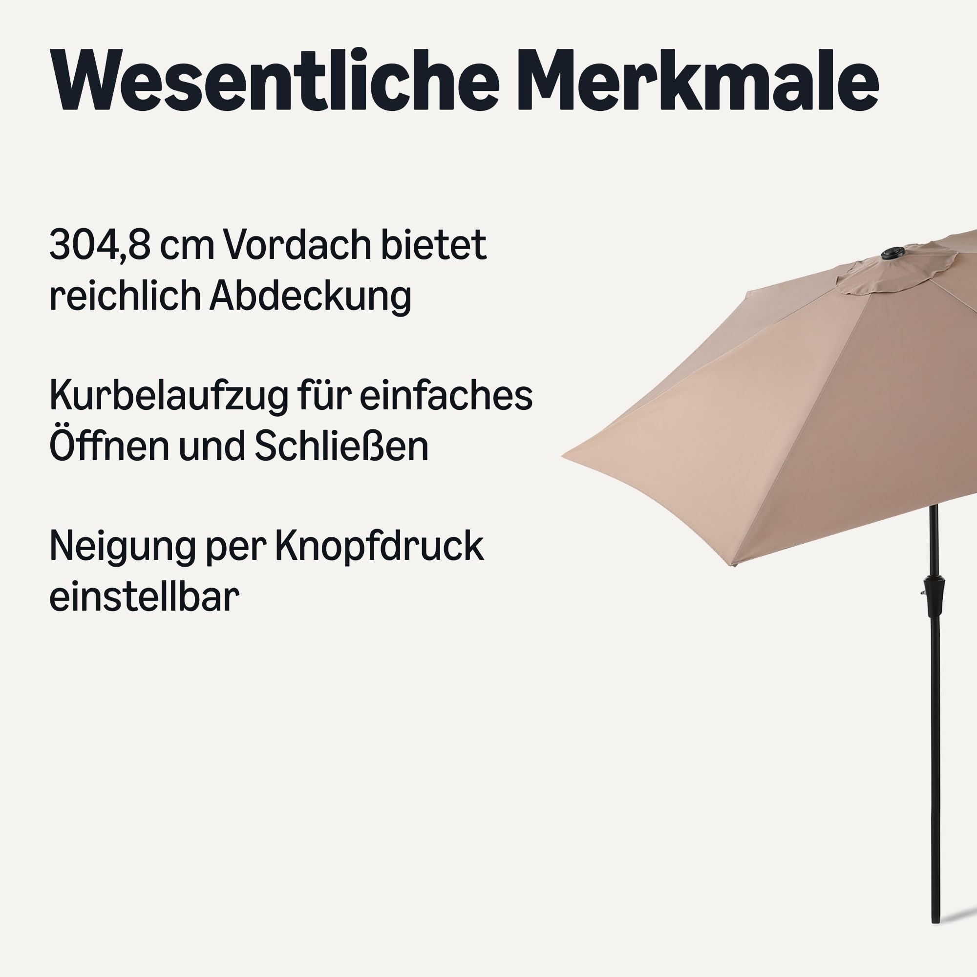 Amazon Basics Sonnenschirm für Balkon, Terrasse und Garten, Kurbelmechanismus, Neigungsregler per Knopfdruck, 305cm, Hellbraun