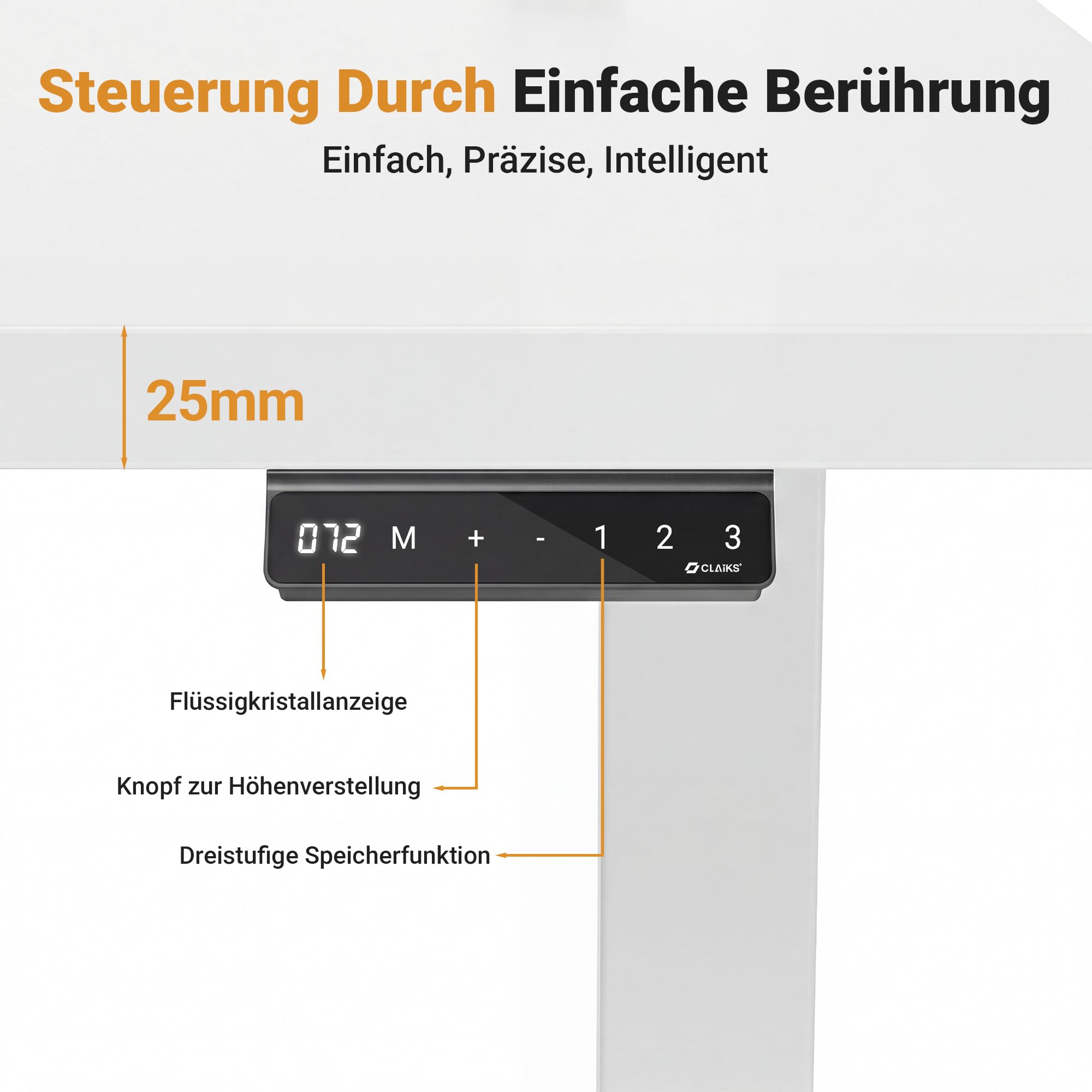 Claiks Höhenverstellbarer Schreibtisch 160×75 cm, Mit 2 Elektrischen Motoren, 25mm Dicke Tischplatte, 130KG Tragkraft Schreibtisch Höhenverstellbar mit 3-Funktions-Memory & 4 Geräuscharme Rollen, Weiß