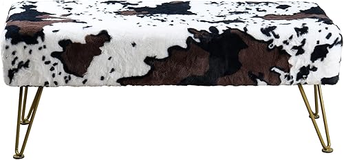 Miniatura 8 de Banco otomano rectangular largo de vaca de piel sintética para entrada, reposapiés suave y peludo, 46 x 16 x 17 pulgadas, banco de asiento