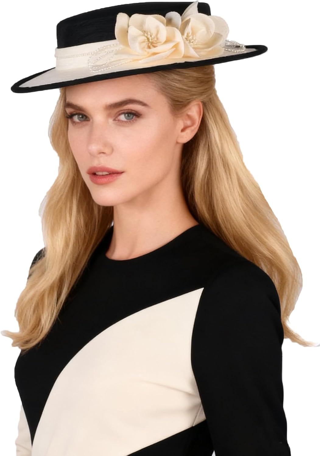 Wide Brim Church Hat for Women - Fascinator with Flower Bead,Bridal Wedding Tea Party Dress Formal Cocktail Flat Top Hats