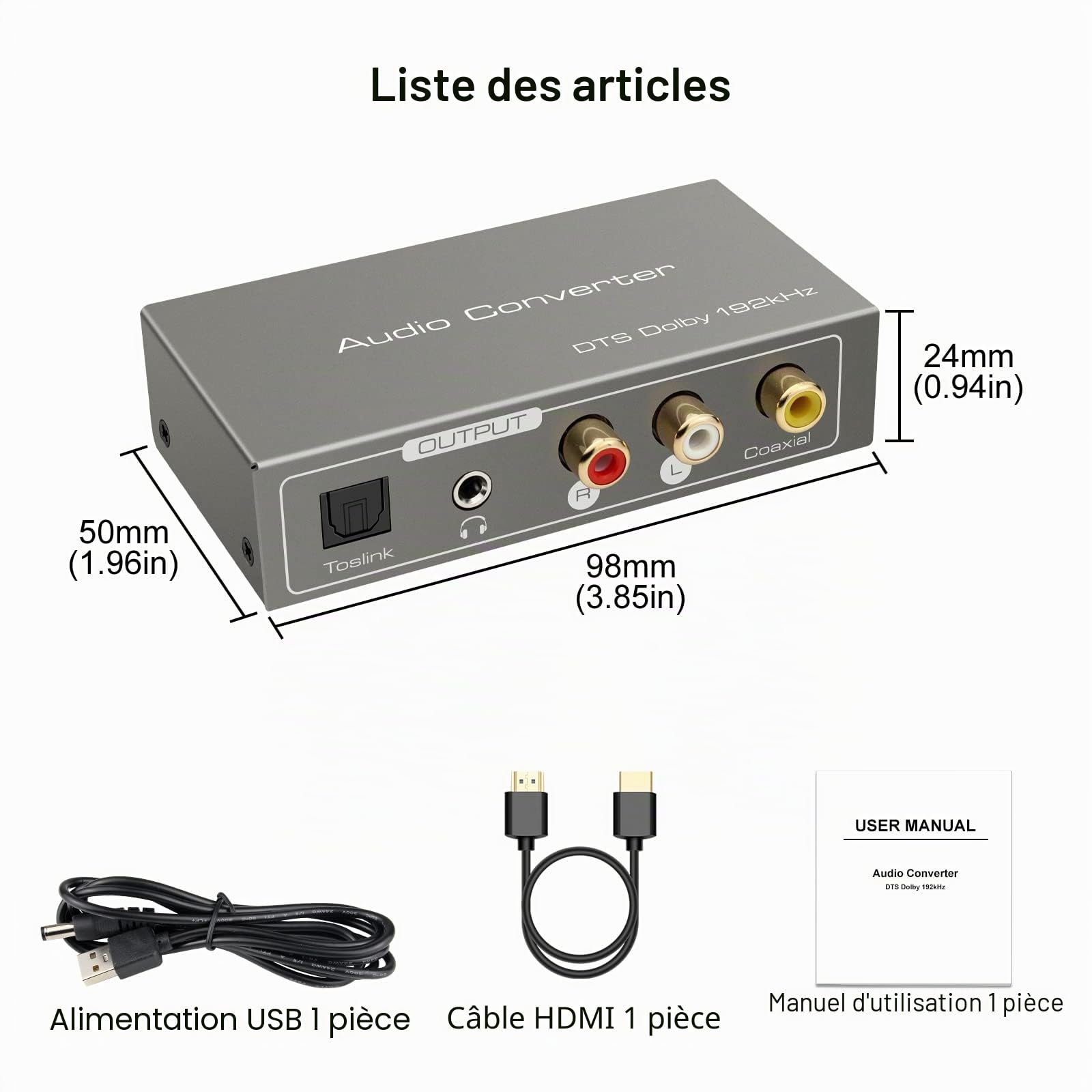 Adaptateur HDMI ARC Numérique Analogique Convertisseur Audio Extractor vers SPDIF Coaxial Optique RCA L R Sortie Stéréo 3.5 mm pour Amplificateur Barre de Son Projecteurs etc
