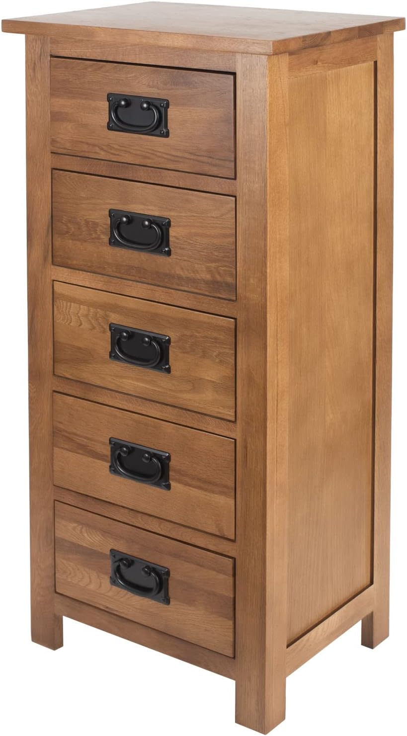 Aurotrice Chest of Drawers OAK 5 Drawers Cabinet Narrow Storage Organiser Unit with Solid wood Legs for Living Room Bedroom Hallway